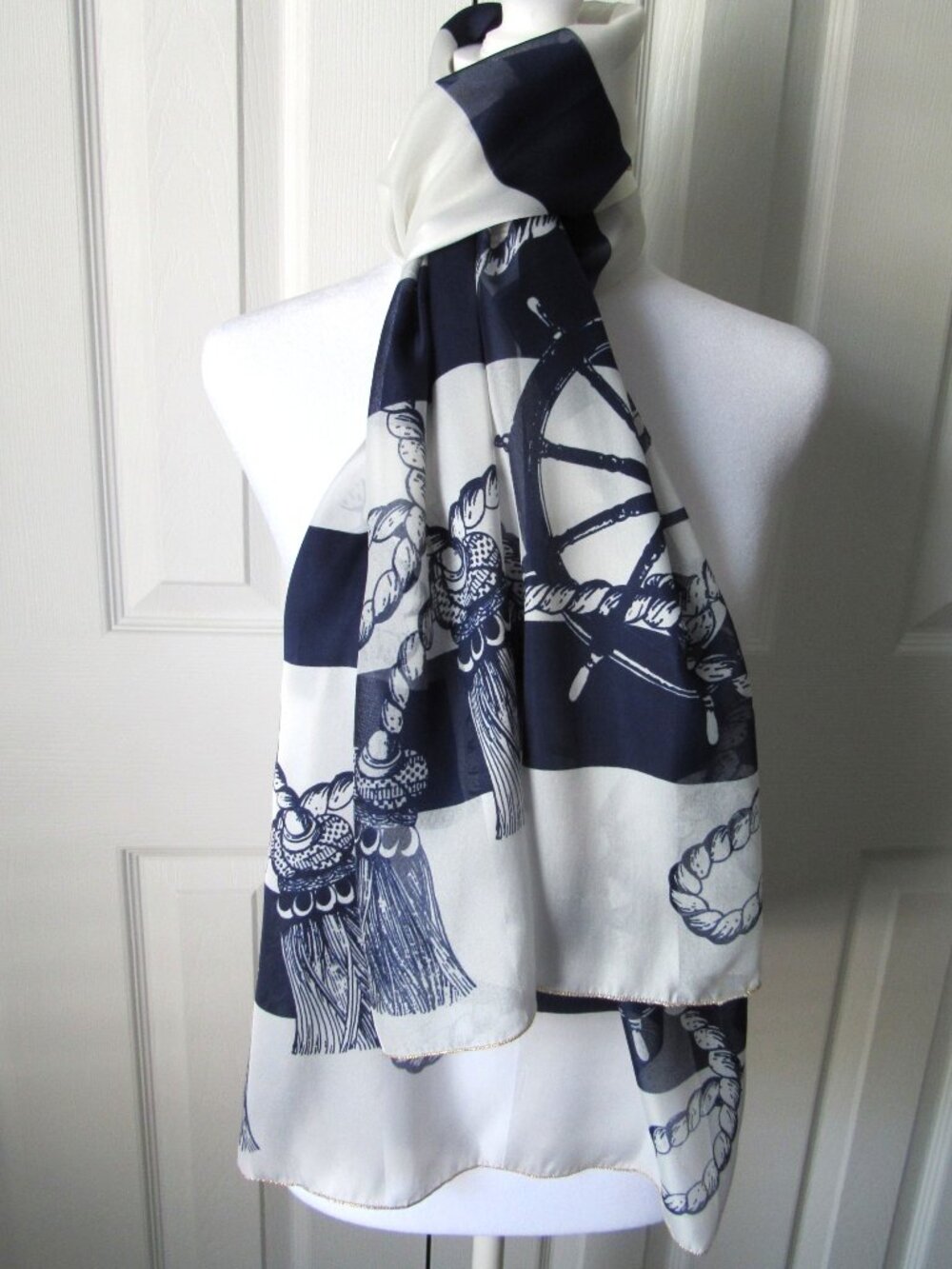 Nautical Blue & White Italy Scarf 100% Polyester Coastal Grandmother Sailing